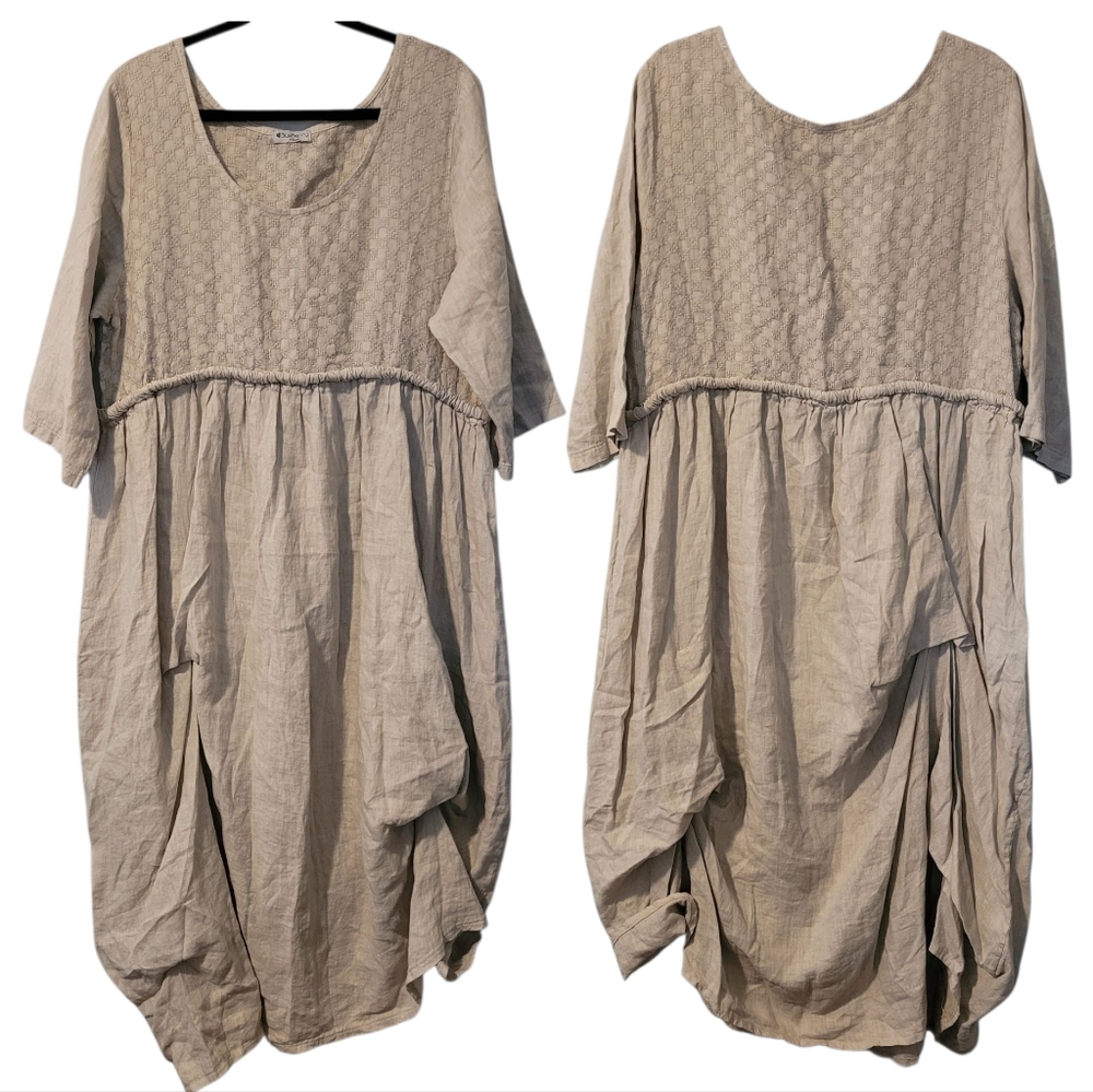 BlueBerry Italia Linen Midi Dress  Size 3X Made In Italy Tan Versatile Lagenlook